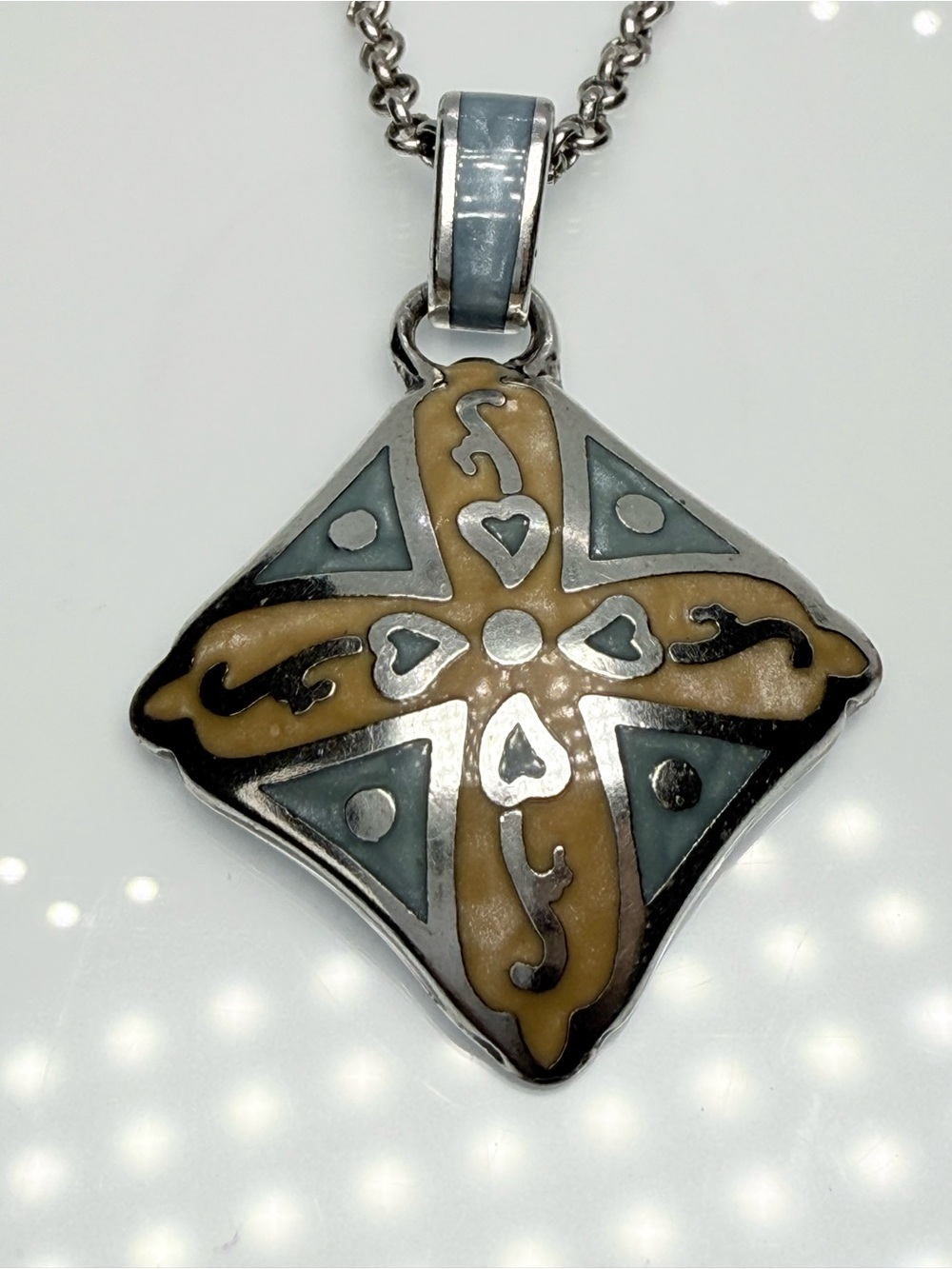 Sterling Silver Pendant Necklace with Blue and Tan Enamel